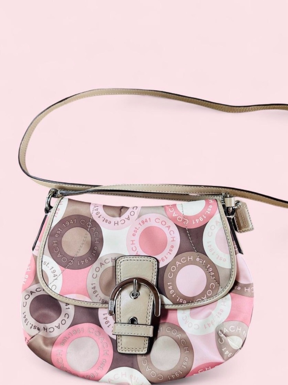 Coach Pink Beige Logo Circle Buckle Crossbody Bag Neopolitan Snaphead Ultra Rare